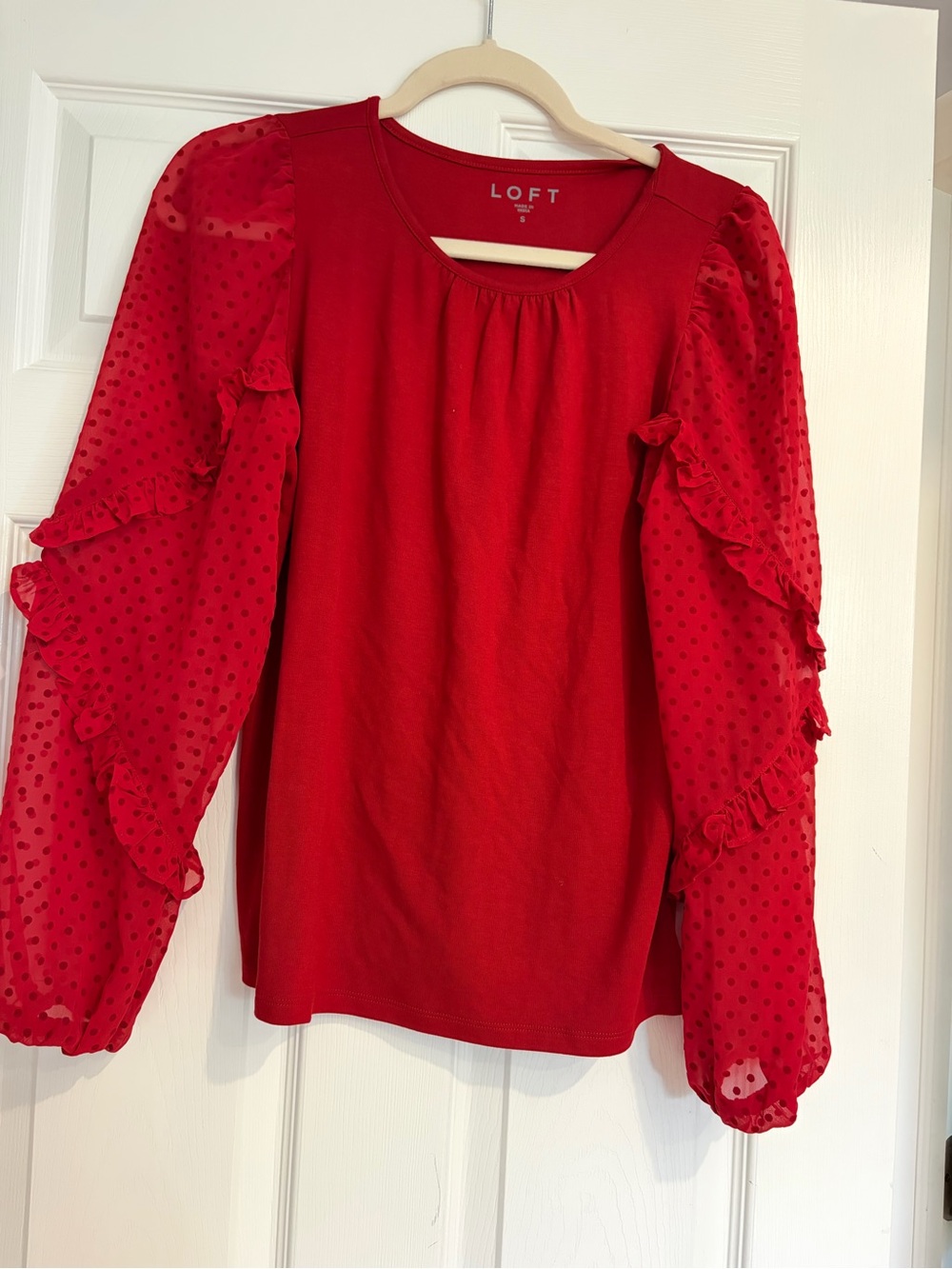 LOFT Red Ruffle Dot-Sleeve Blouse